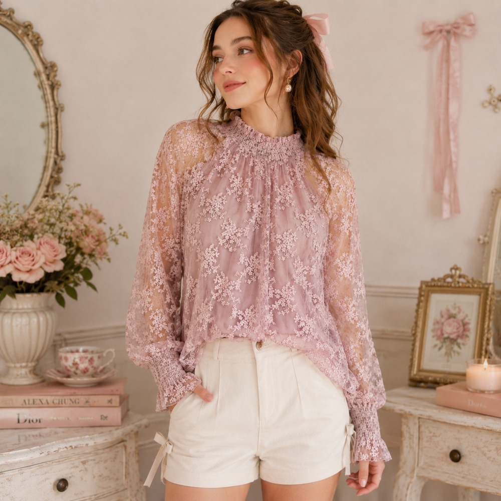 Free The Roses Dainty Floral Lace Top M Pink Sheer Romantic Coquette Regency